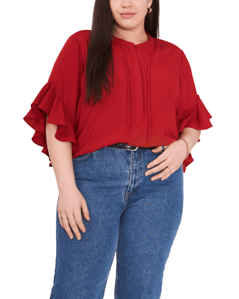 Front of a model wearing a size 1X Aubrey Ruffle Sleeve Blouse in DARK RED by Vince Camuto. | dia_product_style_image_id:261699